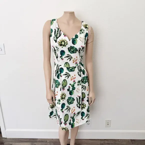 [Modcloth] Ixia Dashing Darling Succulent Cactus Retro A-Line Midi Dress Size 1X - Picture 2 of 12